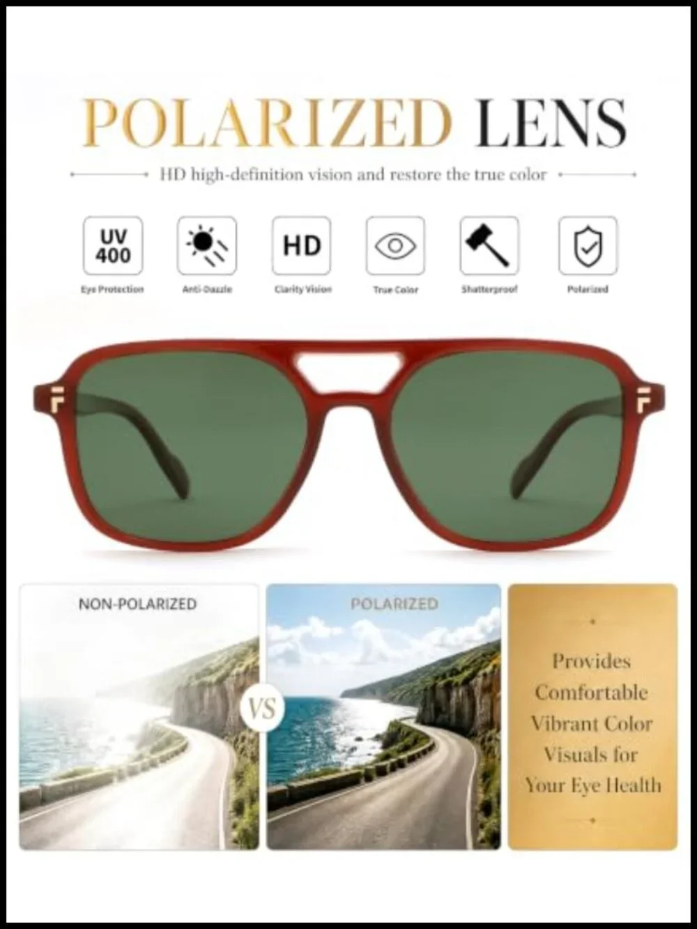 Retro Square Aviator Sunglasses Polarized UV400 Protection Metal Decoration